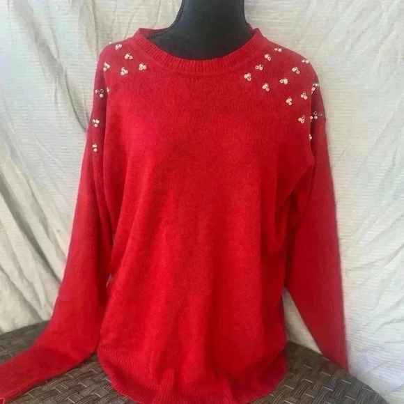 Red Women's Sweater with Pearl Embellishments - Picture 1 of 6